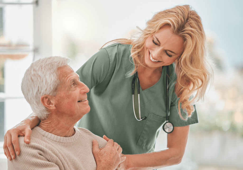 Professional nurse providing skilled medical care to patient in home environment